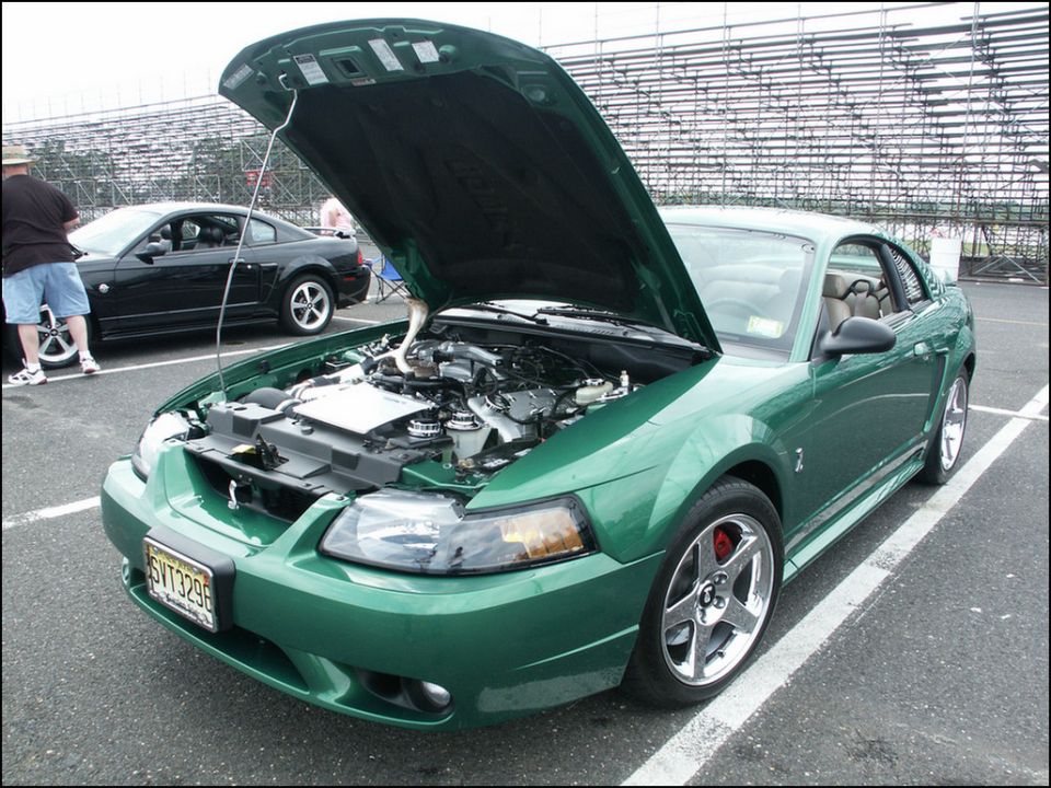 Green Ford Mustang Cobra with hood open, showing engine. Another black car is parked behind it. License plate reads SVT3296