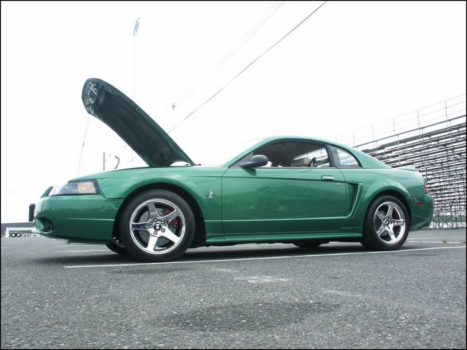Green Ford Mustang coupe with hood open, parked on asphalt with stadium seating in background