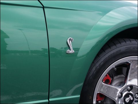 2001 Mercury Grand Marquis - A close-up of a green Ford Mustang Cobra shows the iconic snake emblem on the fender and a chrome wheel with red brake calipers.