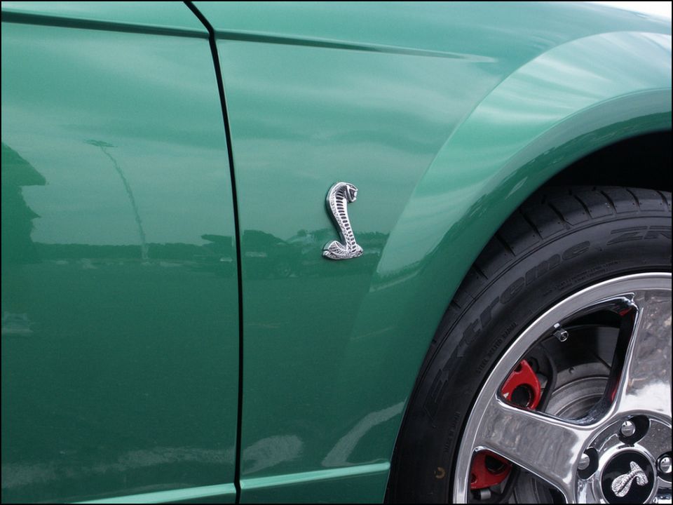 Green Ford Mustang Cobra fender with snake emblem and chrome wheel