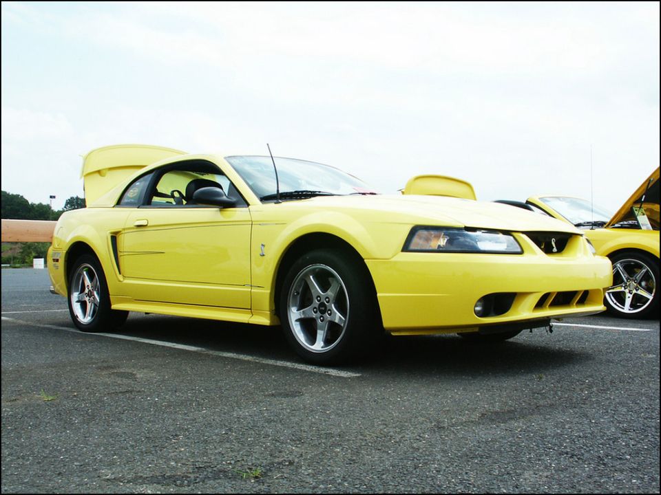 Yellow Ford Mustang with hood scoop and convertible top up, parked on asphalt