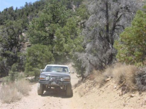 1986 Ford Bronco - This Ford Bronco, likely a 1987 model, navigates a dusty, off-road trail surrounded by arid vegetation and trees.