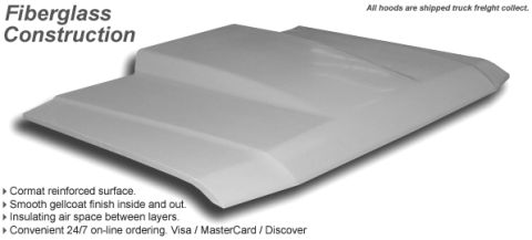 1981 Ford Bronco - This is a fiberglass hood, not a complete vehicle, with details about its construction and ordering.