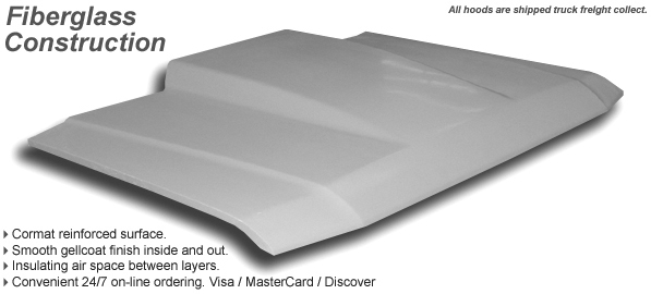 Catalog graphic of an unpainted fiberglass cowl-induction hood with product text