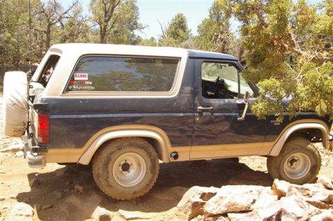 1986 Ford Bronco - This 1986 Ford Bronco is shown off-road, navigating rocks with a tree branch obscuring the front.