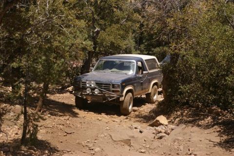 1986 Ford Bronco - This 1986 Ford Bronco navigates a , off-road trail surrounded by trees and rocks.