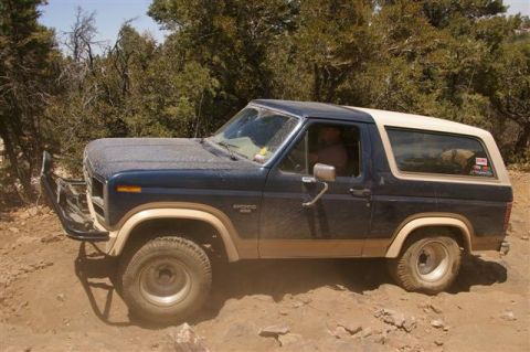 1986 Ford Bronco - This 1986 Ford Bronco is navigating a rough, dusty off-road path.