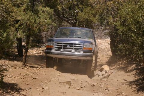 1986 Ford Bronco - This Ford Bronco is tackling a rough, off-road path with trees and rocks on either side.