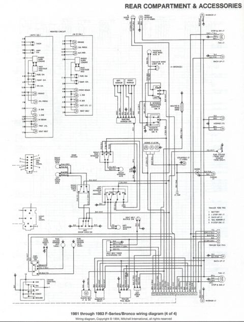 1981 Ford Bronco - This diagram details the rear compartment and accessory wiring for 1981-1983 Ford F-Series and Bronco models.