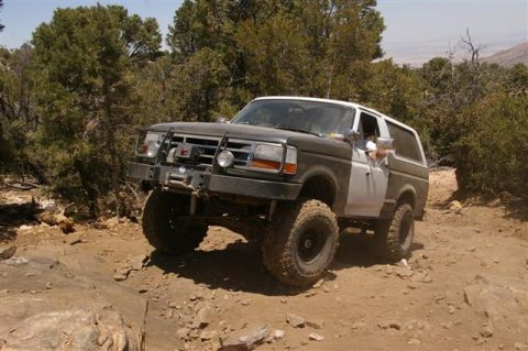 1986 Ford Bronco - This modified Ford Bronco navigates a rocky off-road trail with dense foliage in the background.