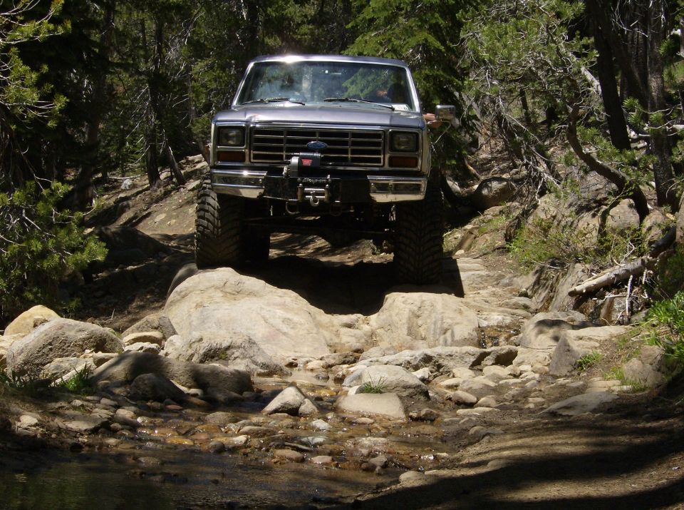 Silver 1986 Ford Bronco navigating a rocky forest trail