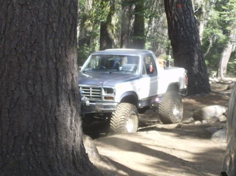 1986 Ford Bronco - A lifted Ford F-Series pickup truck navigates a wooded trail with large tires.