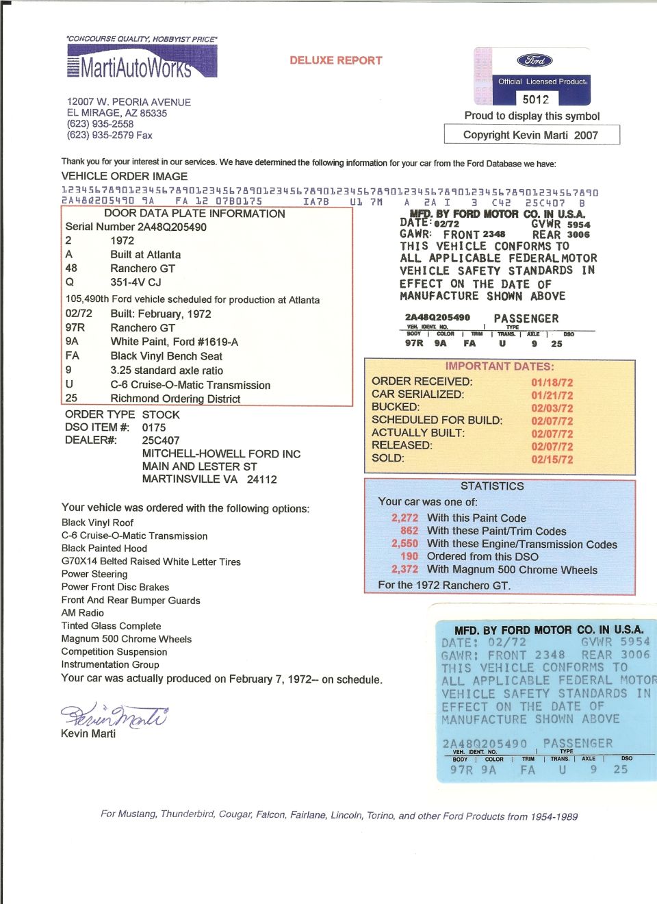 Marti Auto Works Deluxe Report build sheet for a 1972 Ford Ranchero GT
