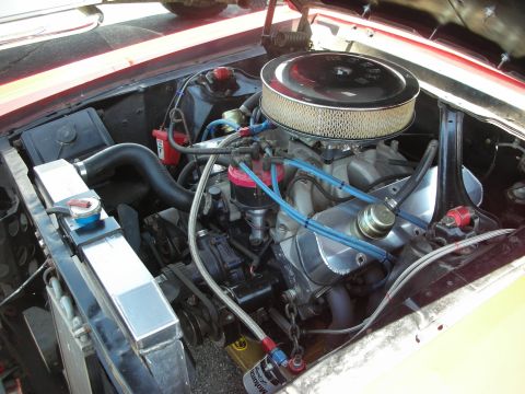 1992 Ford Crown Victoria - Close-up view of a modified engine bay, an aftermarket air cleaner and prominent blue spark plug wires.