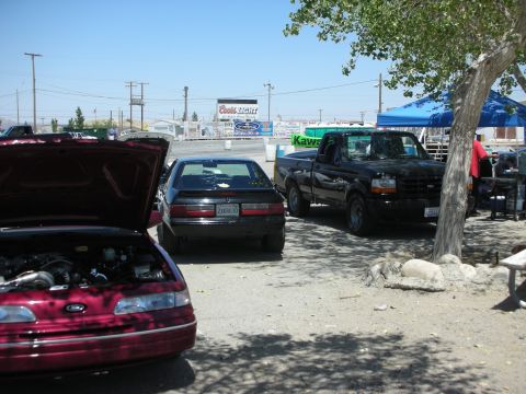 1992 Ford Crown Victoria - Three Ford vehicles are parked outdoors under a sunny sky, with a large billboard in the background.