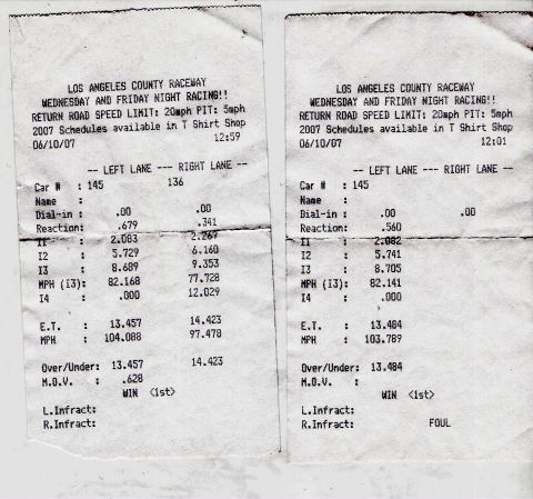 1992 Ford Crown Victoria - Drag racing time slips detail vehicle performance data from Los Angeles County Raceway.
