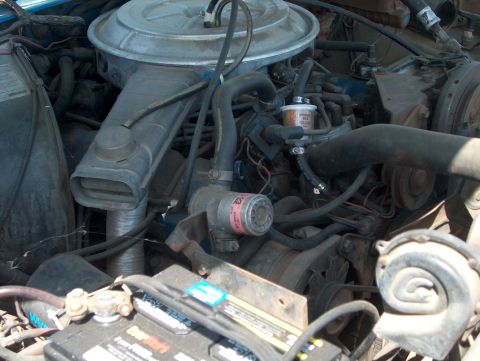 1978 Ford Bronco - Close-up view of a vehicle's engine bay, revealing various components and a portion of the blue exterior.