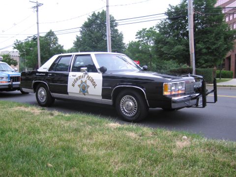1991 Ford LTD Crown Victoria - black-and-white Ford Highway Patrol sedan with star door shield and push bar parked along a curb beside a grassy strip.