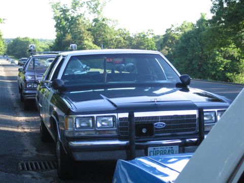 1991 Ford LTD Crown Victoria - dark Ford sedan with a Ford grille emblem, push bar and roof lights waits in a line of cars along a tree-lined road.