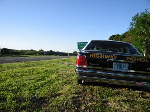 1991 Ford LTD Crown Victoria - rear corner of a black HIGHWAY PATROL sedan with roof beacons and CHP8849 plate sits on a grass shoulder under a clear blue sky.