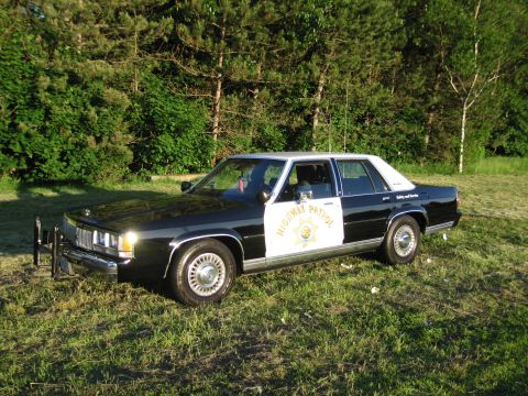 1991 Ford LTD Crown Victoria - black-and-white Highway Patrol sedan with a front push bar and star door emblem parked on grass before evergreens.