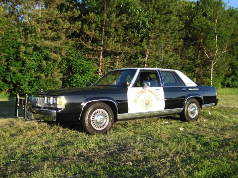 1991 Ford LTD Crown Victoria - Front three-quarter view of a black-and-white Highway Patrol sedan with push bar parked in a grassy field.