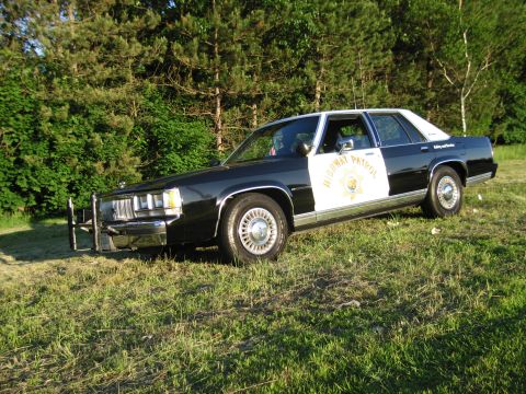1991 Ford LTD Crown Victoria - black-and-white Highway Patrol sedan with a chrome push bar and door star emblem sits angled on grass near trees.