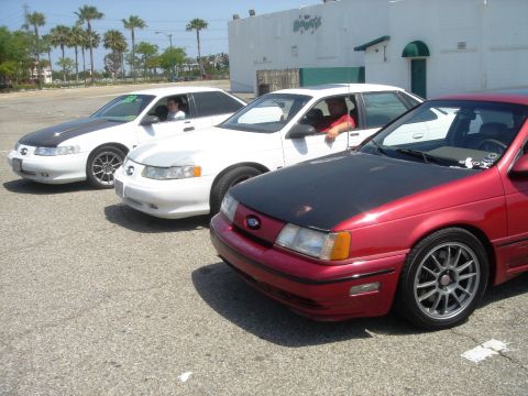 1991 Ford Taurus - Three Ford Tauruses are parked in a lot, one red and two white, under a bright sky.