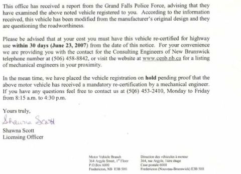 1996 Ford Bronco - Official letter from a Motor Vehicle Branch licensing officer about holding a vehicle registration, not a technical document.