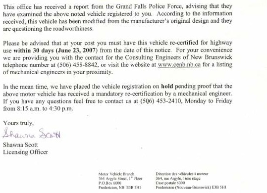 Letter from Motor Vehicle Branch about vehicle re-certification