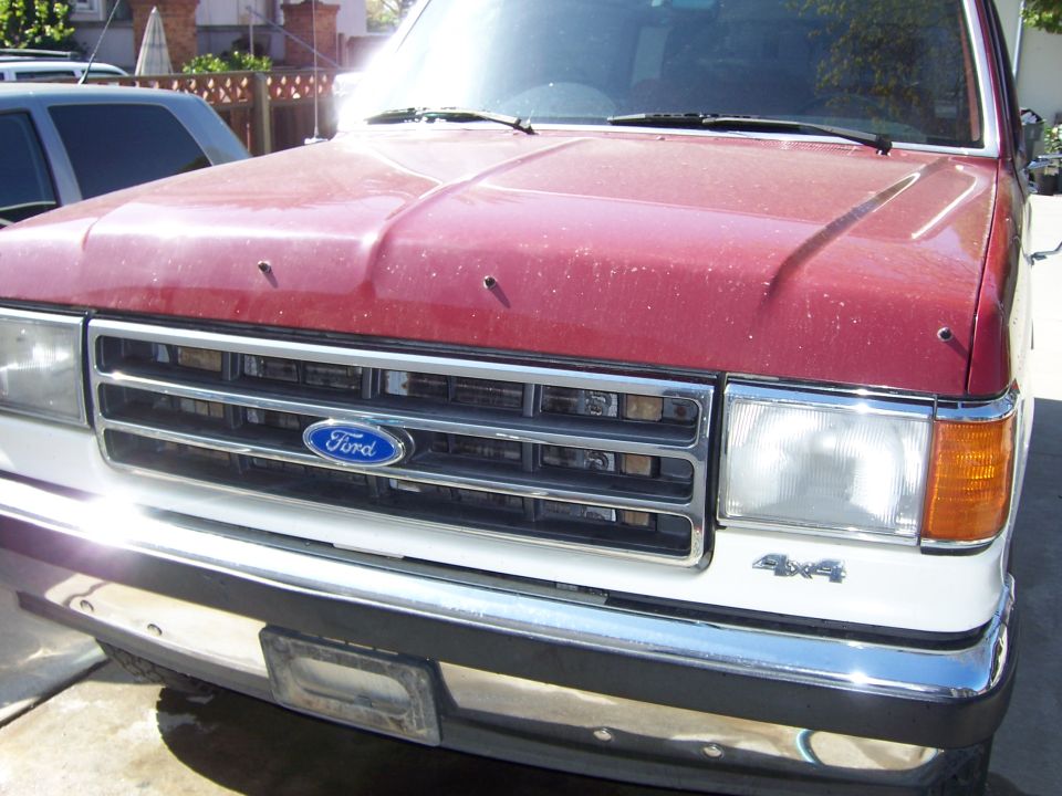 Front grille and hood of a red and white Ford truck