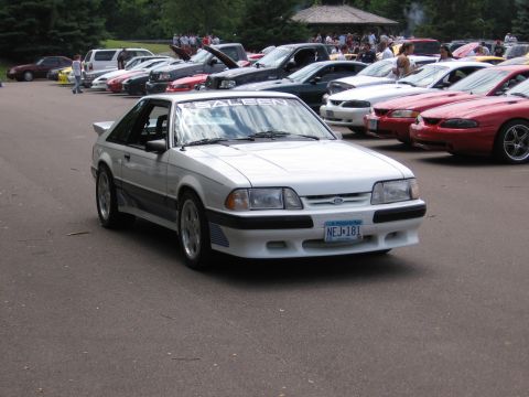 1989 Ford Mustang - A white Saleen Mustang is parked in a lot with other vehicles and people in the background.