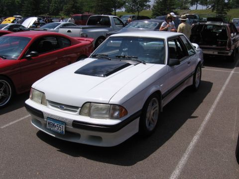 1989 Ford Mustang - This 1989 Ford Mustang coupe features a distinctive black hood scoop and is parked in a lot with other vehicles.