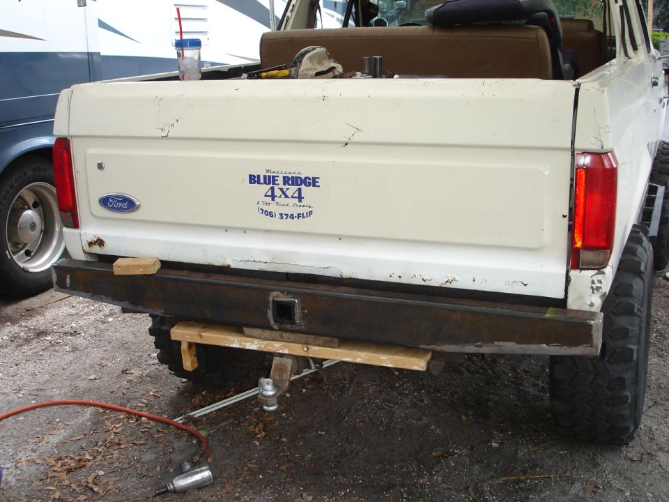 1989 Ford Bronco rear bumper with a Blue Ridge 4x4 sticker and a custom metal bumper installed
