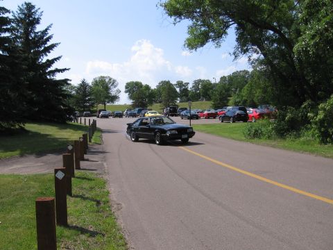 1989 Ford Mustang - A black 1989 Ford Mustang coupe is seen driving on a road, with a parking lot full of cars in the background.