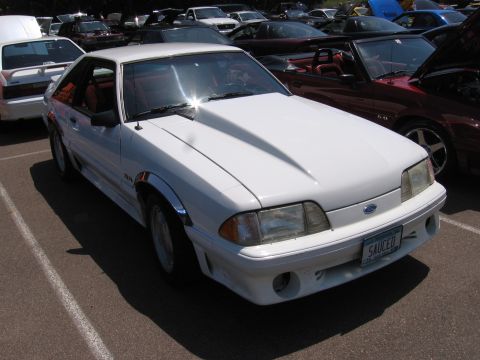1989 Ford Mustang - A white 1989 Ford Mustang is parked in a lot, showing its front end and hood scoop.