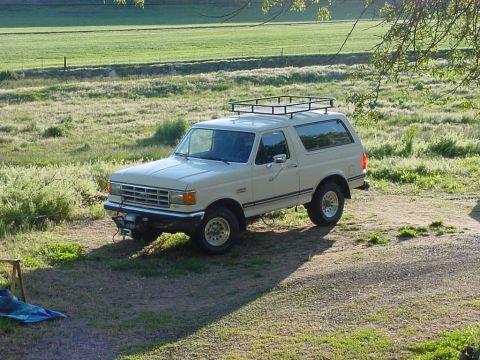 Tan Ford Bronco with roof rack parked in a grassy field