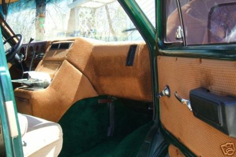 1978 Ford E250 - Interior view of a green van, extensive brown upholstery on the dashboard, door panels, and carpeting.