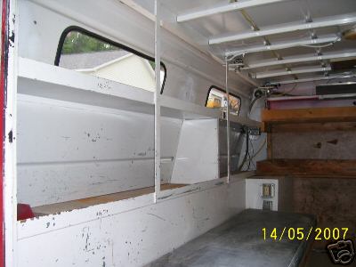 1978 Ford E250 - The interior of a work van features white shelving units and overhead lighting. A date stamp indicates the photo was taken on 14/05/2007.