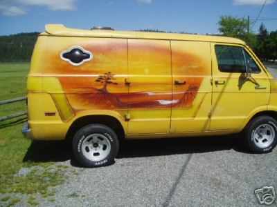 1978 Ford E250 - Yellow custom van shot from the passenger side, wearing an airbrushed 1970s-style sunset mural with a lone tree and desert horizon across t…