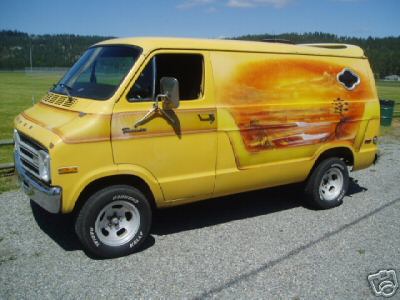 1978 Ford E250 - A yellow full-size cargo van shown from a 3/4 front angle, featuring an airbrushed sunset/desert mural on the side panel and chrome five-sp…