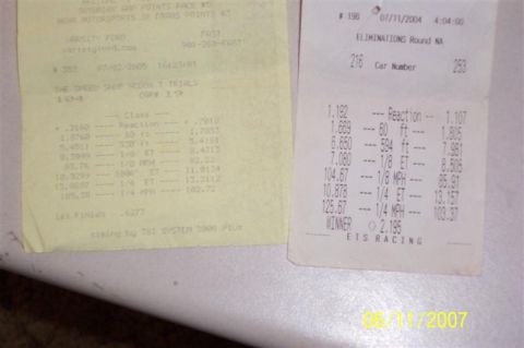 1978 Ford Bronco - Two drag racing time slips show vehicle performance data from different races.