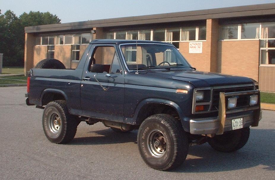 Dark blue Ford Bronco with a spare tire on the back, parked on asphalt in front of a brick building
