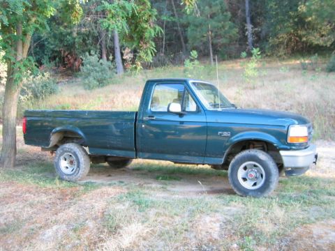 1973 Ford F-100 - This green Ford F-150 pickup truck is seen from the side, with a wooded background.