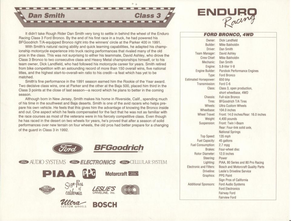 Enduro Racing Class 3 Ford Bronco 4WD team sheet with Dan Smith driver profile and truck specs