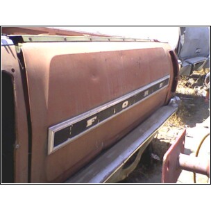 1973 Ford Ranchero - Close-up of the side of a weathered truck bed, showing the Ford emblem and part of the bumper.