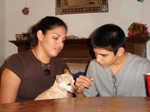 1993 Ford Taurus - A young woman and a young man interact with a small dog at a table.