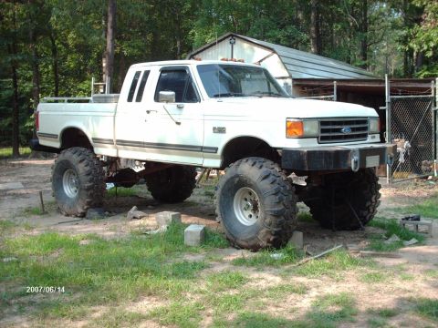 1990 Ford F-150 - This lifted 1990 Ford F-150 pickup truck features massive tires and a custom bumper, modified for off-road use.