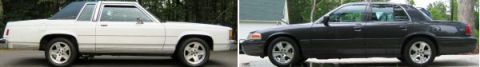 1985 Ford LTD Crown Victoria - Two cars are parked next to each other, one white and one dark colored.