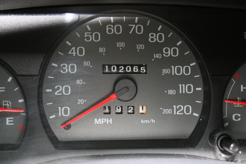 Car dashboard with speedometer, odometer showing 102065, and trip meter showing 192